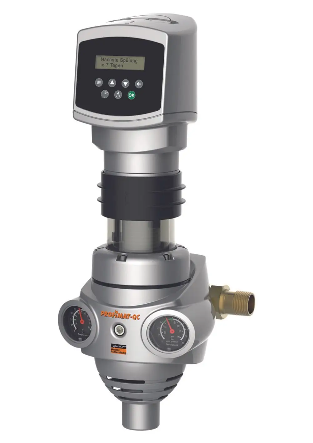 JUDO Automatik-Rückspül-Schutzfilter mit digitalem Display und Druckmanometern, ausgestattet mit einem Gehäuse aus Metall, zur automatischen Rückspülung und Filterung von Wasser.